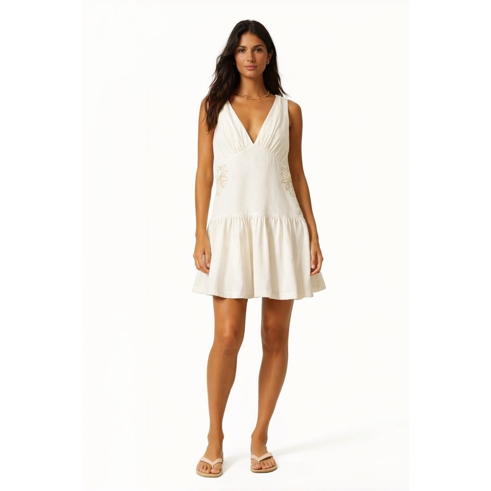 MON RENN White V Neck Sleeveless‎ Embroidered Tiered Mini Dress Women Size Large